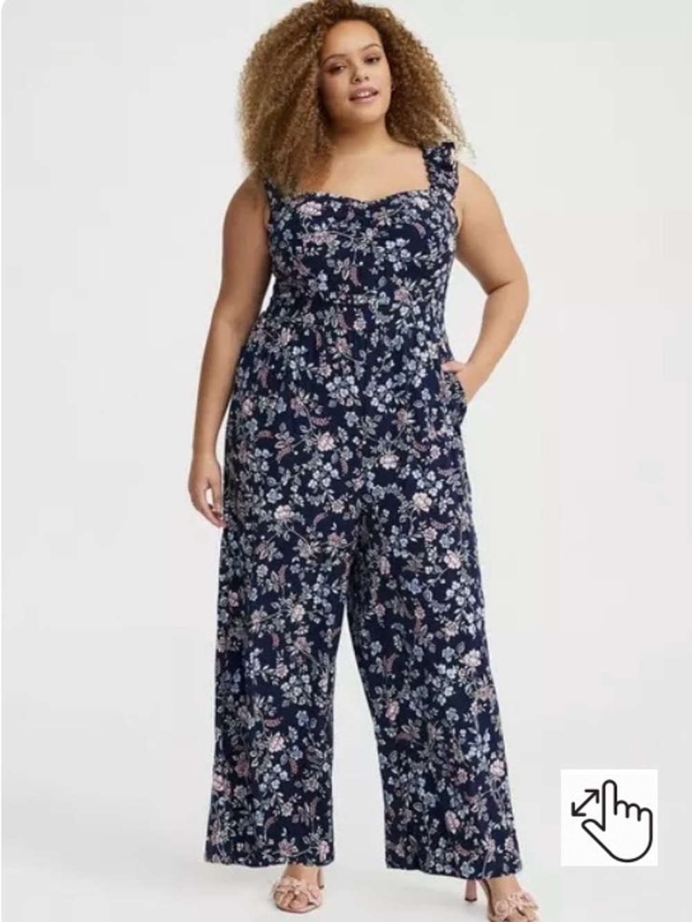 NWT Torrid Navy Floral Wide-Leg Ruffle Strap Jumpsuit